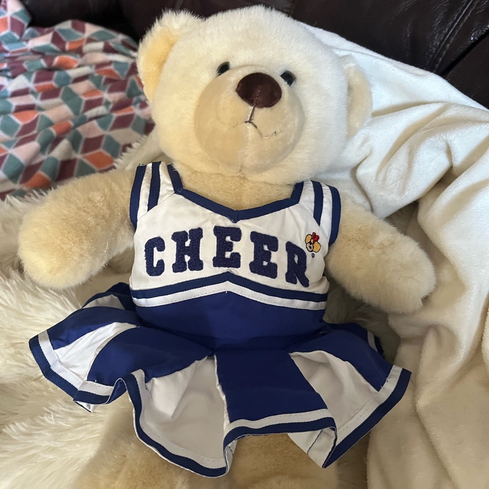 Build A Bear BABW Teddy Beige Brown Cheerleader Blue White 16" Stuffed Plush.